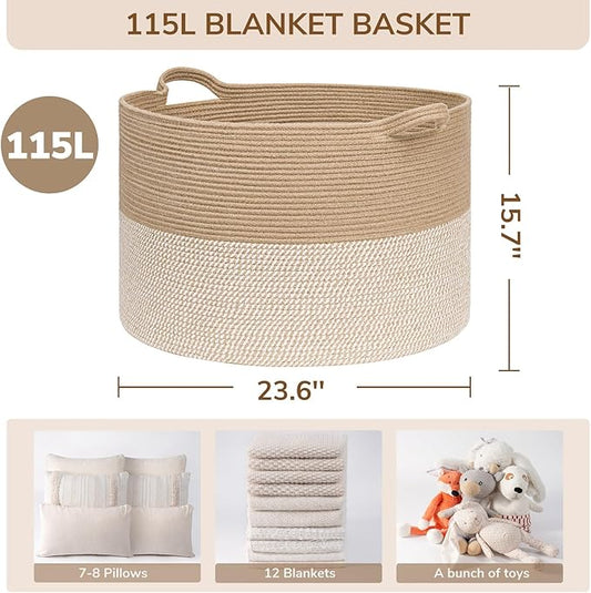 INDRESSME 115L Extra Large Woven Baskets for Storage, Wicker Basket for Living Room Decor Laundry Baskets for Blankets Clothes Pillows Towel Shoe Basket for Entryway, White & Jute