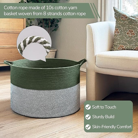 INDRSSME Large Laundry Storage Basket, 21.7 x13. 8 - Decorative Rope Blanket Basket for Organizing Bedroom, Living Room, Nursery, Toy Storage for Colthes Towel, Empty Gift Baskets -Green
