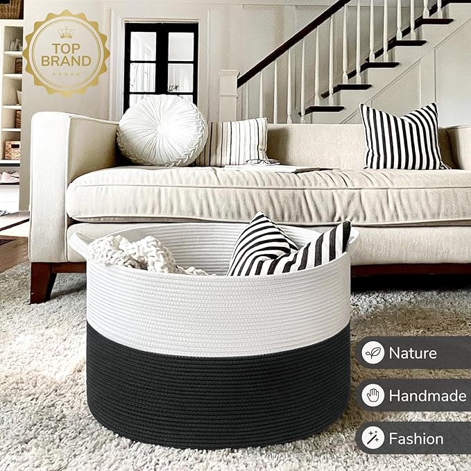 INDRESSME Large Cotton Rope Baskets for Storage, 21.7 x 13.8 Blanket Storage for Living Room Toy Baskets Kids, Baby Laundry Basket for Dirty Clothes, Pillows, 90L White & Black
