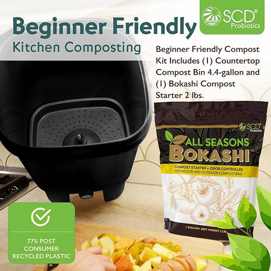 All Seasons Indoor Composter Starter Kit – 4.4 Gallon Black Organko Compost Bin for Kitchen Countertop with Scoop, Cup, Presser & 2 lbs. (1 Gallon) of Bokashi, 77% Recycled Plastic by SCD Probiotics