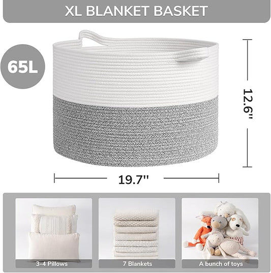 INDRESSME Large Blanket Basket, Laundry Toy Storage Baskets, Decorative Woven Basket for Living Room & Nursery, Baskets for Gifts Empty, Laundry, Dog Toys, Towels, Light Grey, 19.7" D x 12.6" H