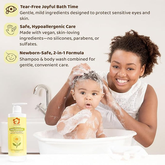 KINDORA 2-in-1 Calendula & Oat Baby Shampoo & Body Wash | Gentle, Tear-Free & Hypoallergenic Bath Wash for Sensitive Skin | Organic, Vegan & Plant-Based Cradle Cap Treatment – 16.9 fl oz