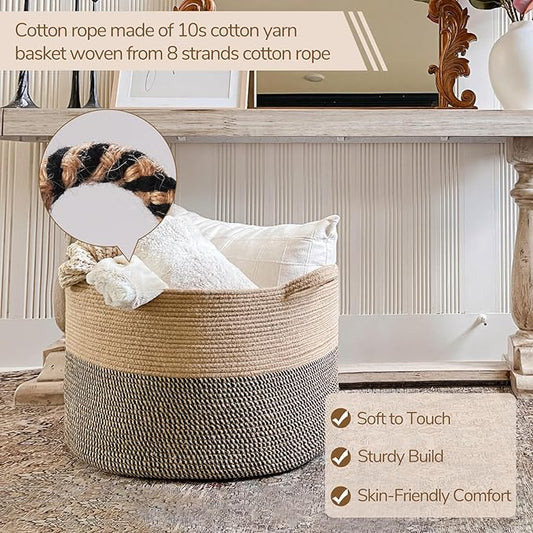 INDRESSME Extra Large Woven Baskets for Storage, 21.7 x 13.8 Blanket Basket Living Room Wicker Storage Basket for Organizing Woven Laundry Baskets for Toy Pillow Shoe, Entryway, Black Jute