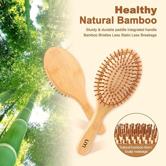 LIYI Wooden Bamboo Hair Brush for Hair Growth with Natural Bamboo Bristles Detangler Wooden Hairbrush Paddle Brush for Massage Scalp,Hair Brush for Women Men and Kids,All Hair Types