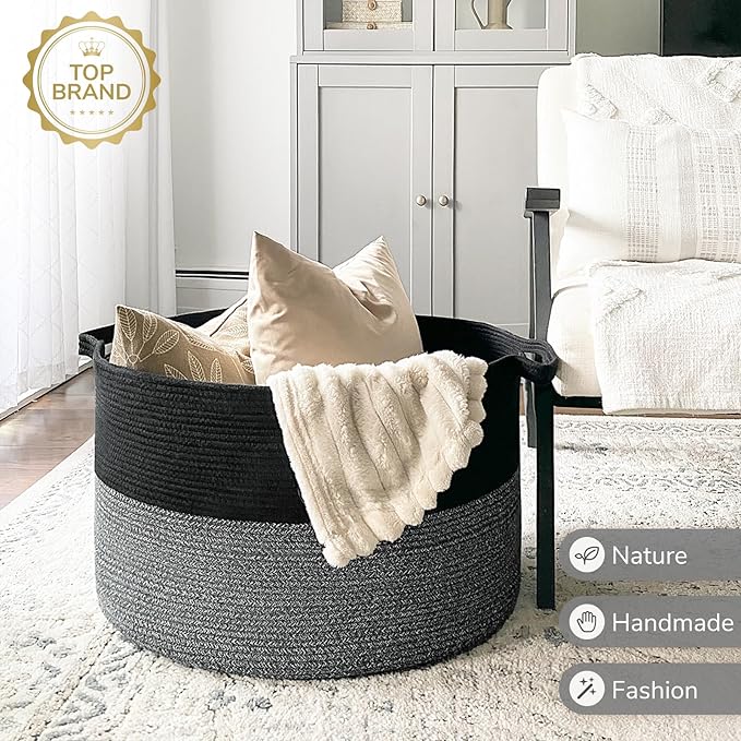 INDRESSME XXXLarge Cotton Rope Basket Woven Baby Laundry Baskets Blanket Baskets Toy Basket with Handle Comforter Cushions Storage Bin Thread Laundry Hamper - 21.7" x 21.7" x 13.8"