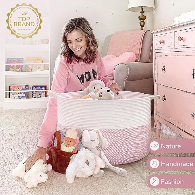 INDRESSME XXXLarge Storage Basket with Handle, Pink Laundry Basket for Nursery Stuffed Animal Storage, Baby Baskets Kids Toy Organizer, 21.7" x 21.7" x 13.8", Pink