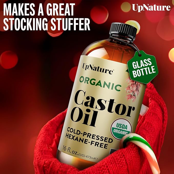 UpNature Organic Castor Oil in Glass Bottle (16 oz) 100% Pure Cold Pressed Unrefined Castor Oil for Hair Skin Face (Hexane Free)