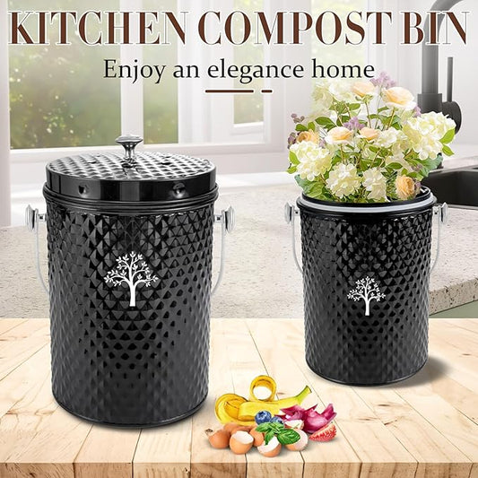 AOSION Countertop Compost Bin Kitchen,Odorless Indoor Compost Bin with Lid and Compost Bags,Compost Bucket Composter Container for Food Waste,Black