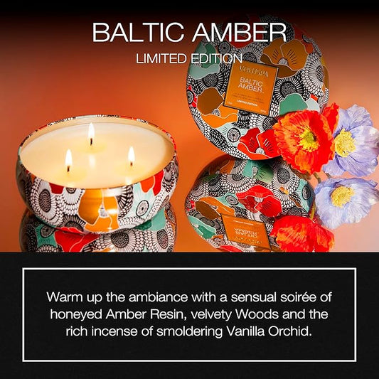 Voluspa Limited Edition Baltic Amber 3 Wick Tin Candle, 12 oz, Coconut Wax for Clean Burning, 40 Hour Burn Time, Amber Candle, Handcrafted in The USA