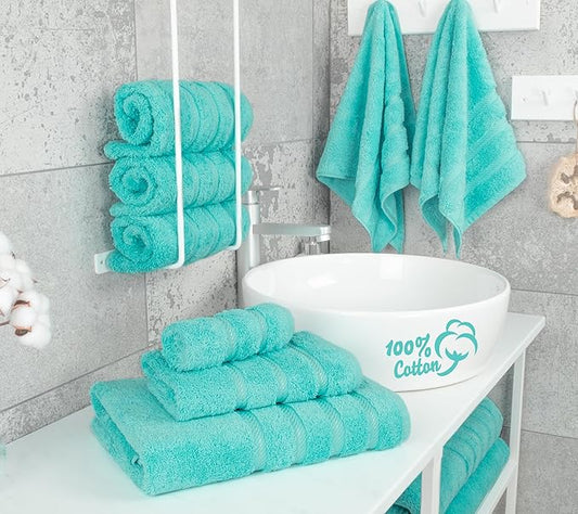 American Soft Linen Luxury 6 Piece Towel Set, 2 Bath Towels 2 Hand Towel 2 Washcloths, 600 GSM 100% Cotton Turkish Towels for Bathroom, Turquoise Blue Towel Sets