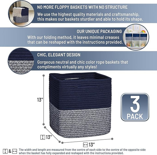 NaturalCozy 13 Inch Cube Storage Bins Cotton Rope Woven Baskets for Organizing 3-Pack | 13 x 13 Storage Cubes | Fabric Square Storage Baskets for Shelves Organizer, Kids Toy Bins, Closet Baby Nursery