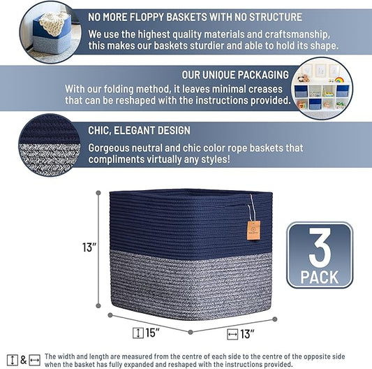 NaturalCozy 13x15x13 Kallax Storage Cubes Bins, 3 Pack | Cotton Rope Cube Storage Bin Woven Baskets for Organizing | Kallax Insert Storage Baskets for Shelves Organizer, Kids Toy, Closet Baby Nursery