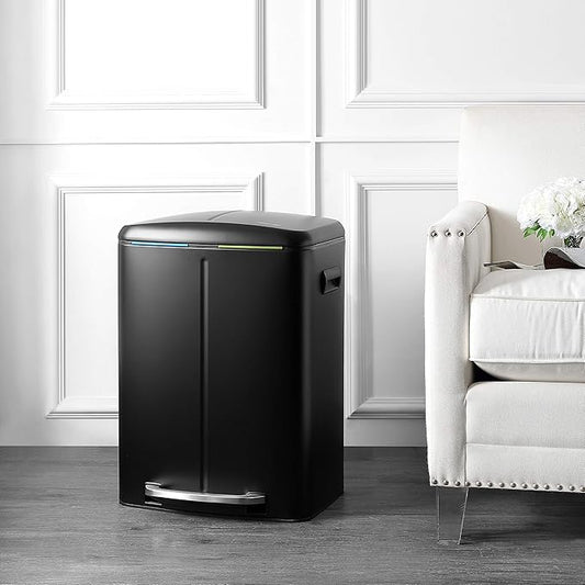 happimess HPM1005B Marco Rectangular 10.6-Gallon Double Bucket Trash Can with Soft-Close Lid, Fingerprint Resistant, Modern, Minimalistic for Home, Kitchen, Office, Bathroom, Black