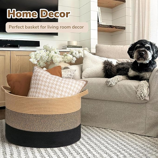 INDRESSME XXXLarge Cotton Rope Basket 21.7" x 21.7" x 13.8" Woven Baby laundry Blanket Basket for Living Room Decor, Toy Storage Baskets for Kids Boys Girls, Camel Mix & Black