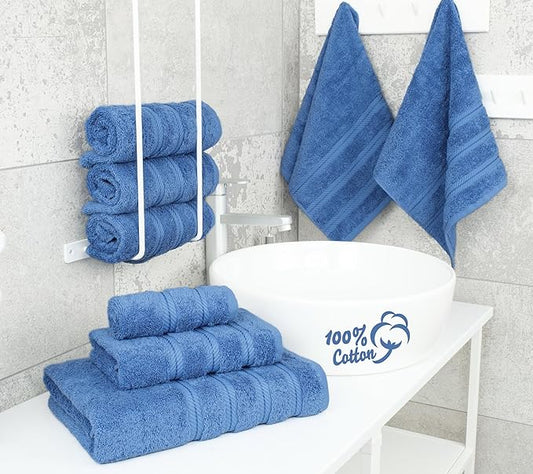 American Soft Linen Luxury 6 Piece Towel Set, 2 Bath Towels 2 Hand Towel 2 Washcloths, 600 GSM 100% Cotton Turkish Towels for Bathroom, Electric Blue Towel Sets