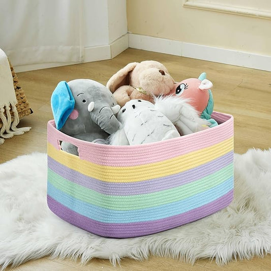 Large Blanket Basket, Rectangle Woven Baskets for Storage, Blanket Storage for Living Room, Cotton Rope Big Storage Basket for Blankets (Light Rainbow)