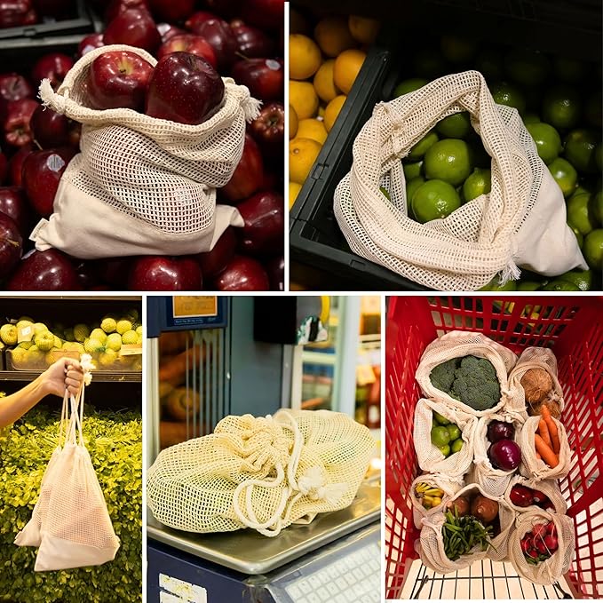 LEAFICO Reusable Produce Bags – 100% Cotton Mesh & Solid Hybrid (Medium 10x12 inch 6 Pcs) – Reusable Grocery Bags for Apples, Carrots, Bulk Vegetables – Washable, Plastic-Free, Breathable, Zero Waste
