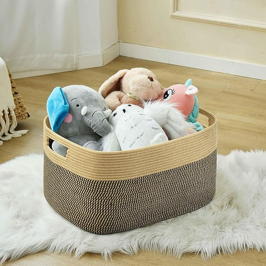 Large Blanket Basket, Rectangle Woven Baskets for Storage, Blanket Storage for Living Room, Cotton Rope Basket for Toys,Big Storage Basket for Blankets (Black and Brown)