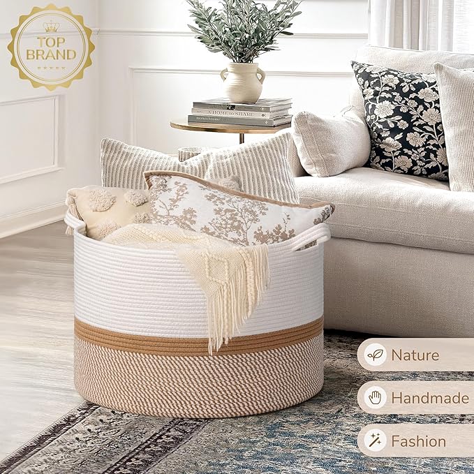 INDRESSME XXXLarge Cotton Rope Basket 21.7" x 21.7" x 13.8" Woven Baby laundry Blanket Basket for Home Decor Living Room Nursery, Toy Storage Baskets for Kids Boys Girls, White & Camel Mix