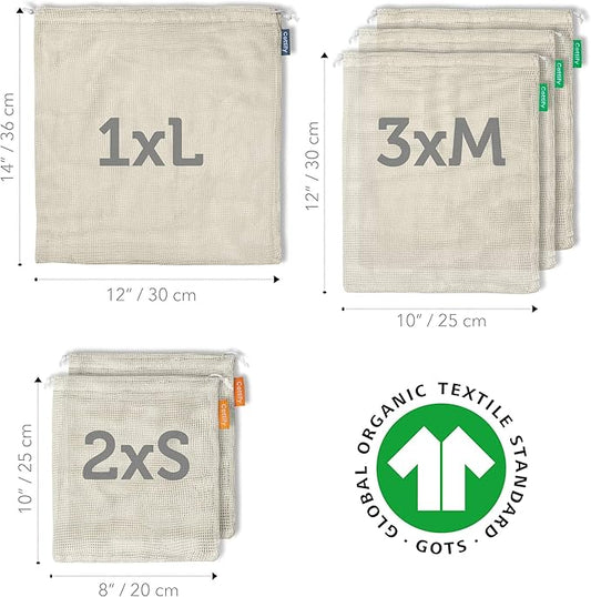 6 Reusable Produce Bags Grocery Washable | Organic Cotton Mesh Produce Bags | Double-Stitched & Tare Weigh | Mesh bags for vegetables | Cotton Produce Bags Reusable Washable | Produce bag (3 sizes)
