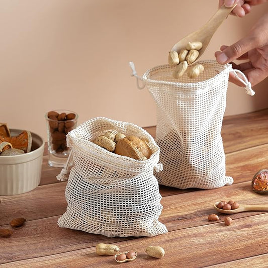 PALTERWEAR 100 Percent Natural Cotton Double Drawstring Mesh Bag For Herbs, Nuts, Spices (5 x 7 Inch - Set of 5)