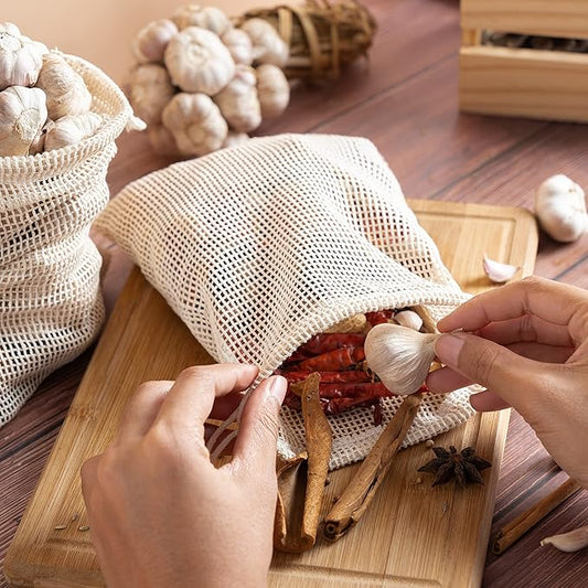 PALTERWEAR 100 Percent Natural Cotton Double Drawstring Mesh Bag For Herbs, Nuts, Spices (6 x 8 Inch - Set of 5)