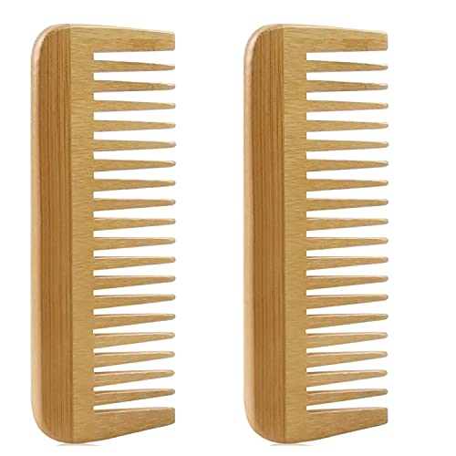 MRD Natural Bamboo Wide Tooth Comb Detangling Comb Anti-Static Natural Curly Hair For Womens and Mens (2PCS)