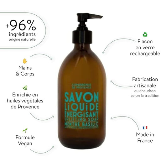 Compagnie de Provence Savon de Marseille Apothicare Liquid Soap, Mint Basil, 16.7 Fl Oz Glass Pump Bottle
