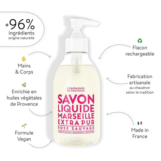 Compagnie de Provence Savon de Marseille Extra Pure Liquid Soap - Wild Rose - 10 Fl Oz Plastic Pump Bottle