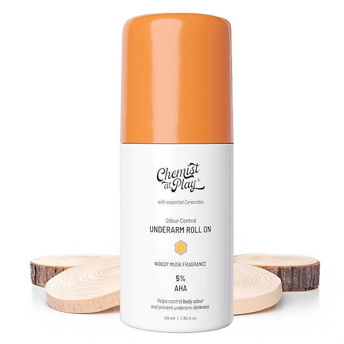 Chemist at Play UnderArm Roll-On with 5% AHA|Lactic & Mandelic Acid|Prevents Odour, Brightens Skin & Exfoliates Underarm|For Sensitive Skin |Woody Musk Fragrance |Alcohol & Aluminium Free | 1.35 fl oz