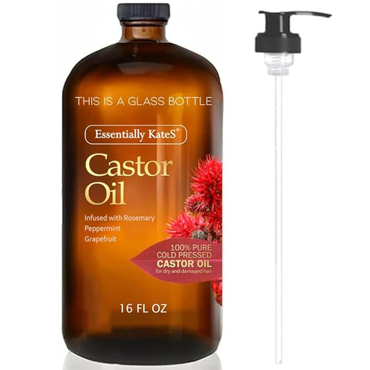 Castor Oil 16 Fl Oz (Glass Bottle) - Rosemary Peppermint Grapefruit Infusion - A Huge Glass Bottle with a Pump - 100% Pure and Natural, Cold Pressed, and Hexane-Free - Hair Oil, Body Oil