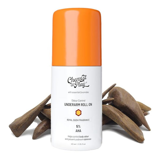 Chemist at Play UnderArm Roll-On with 5% AHA| Lactic & Mandelic Acid|Prevents Odour, Brightens Skin & Exfoliates Underarm| For Sensitive Skin|Royal Oudh Fragrance | Alcohol & Aluminium Free|1.35 fl oz