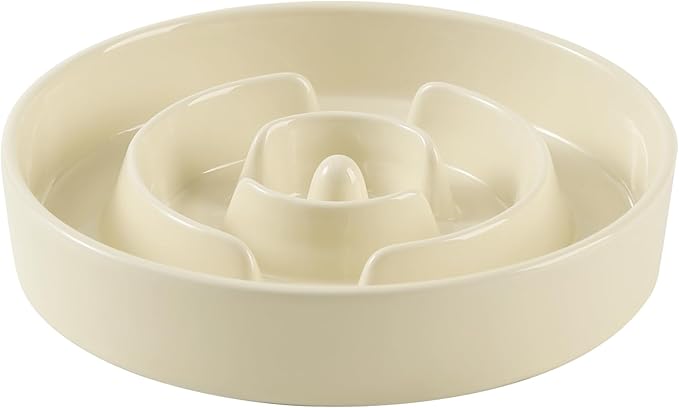 Ceramic 1.6 Cup Slow Feeder Dog Bowl for Medium and Large Breed, 8.2inch Puzzle Dog Food Dish, Anti-Gulping, Stop Bloat, Preventing Choking (Single Bowl-Beige)