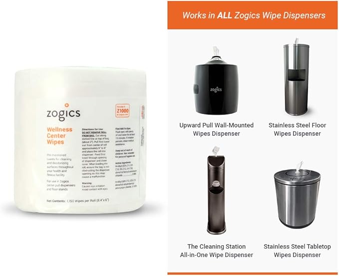 Zogics Wellness Center Cleaning Wipes – Gym Equipment Wipes for Cleaning Surfaces and Equipment, Durable and Safe Pre-Saturated (4,600 Count, 4 Rolls of 1150)