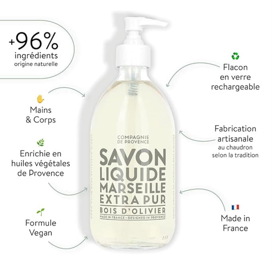 Compagnie de Provence Savon de Marseille Extra Pure Liquid Soap - Olive Wood - 16.7 Fl Oz Glass Pump Bottle