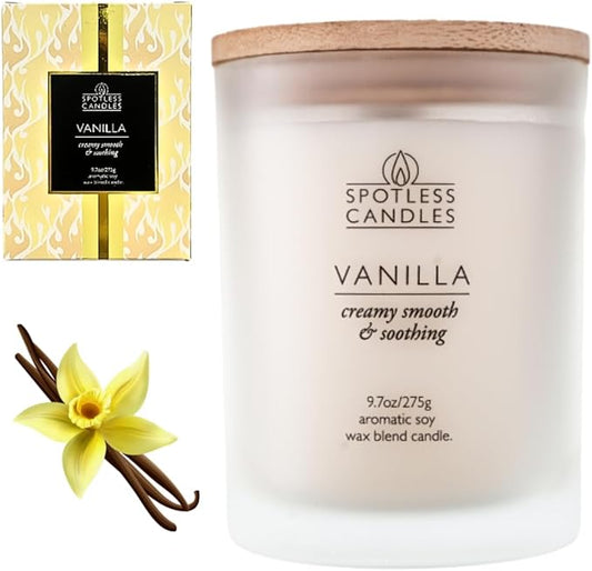 Vanilla Candle - 9.7 oz /275g Vanilla Scented Candle in Cream Frosted Glass Jar with Wooden Lid and Wooden Crackling Wick in a Luxurious Gift Box - Creamy, Smooth and Soothing