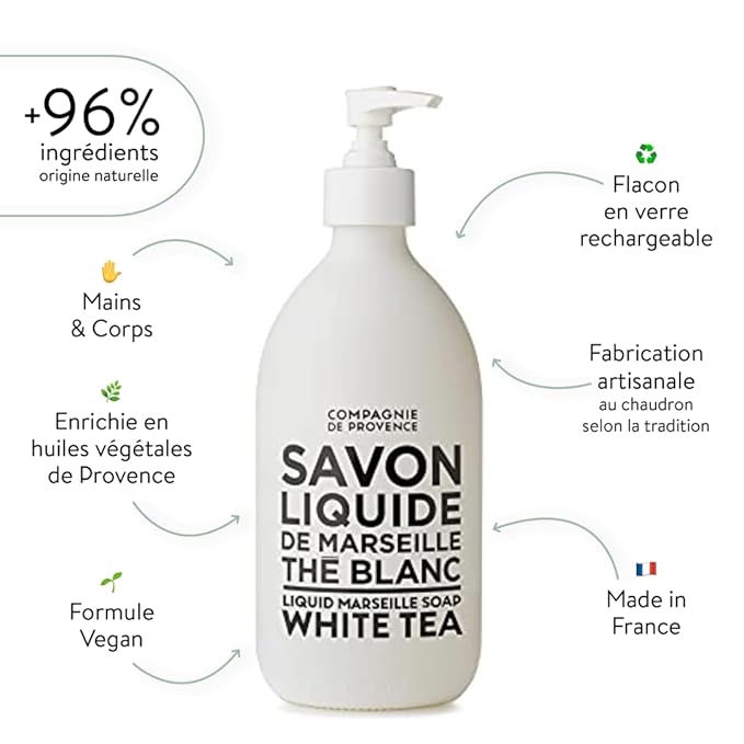 Compagnie de Provence Savon de Marseille Extra Pure Liquid Soap - White Tea - 16.7 Fl Oz Glass Pump Bottle