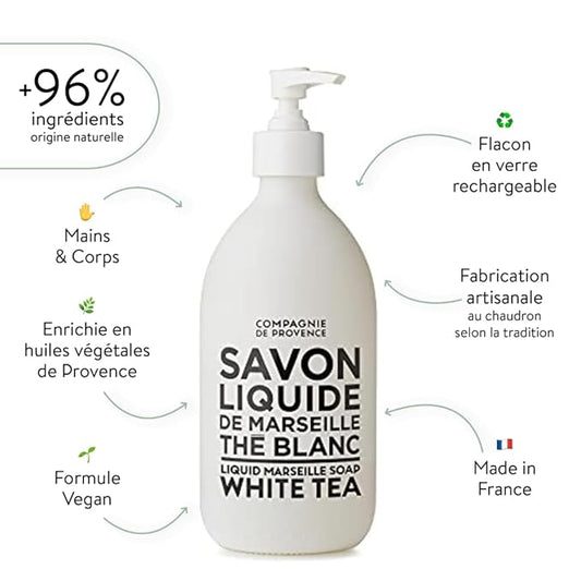 Compagnie de Provence Savon de Marseille Extra Pure Liquid Soap - White Tea - 16.7 Fl Oz Glass Pump Bottle