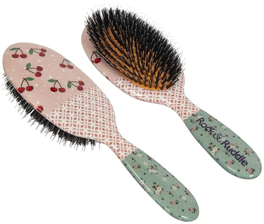 Rock & Ruddle Natural Mixed Boar Bristle Hair Brush for Women and Kids (Large, 21 cm) - Perfect for Wet or Dry Hair, Detangling Smoothing Blowdrying - Designed & Made in UK - Cherries Design