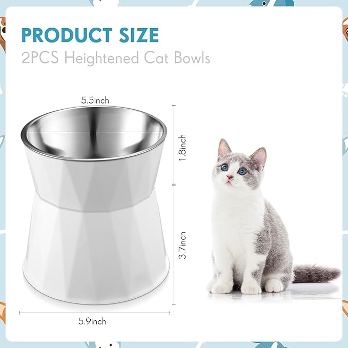 Lallisa 2 Pcs Elevated Cat Bowls Adjustable Raised Cat Feeder Non Slip Food Water with Stand Safe Stainless Steel Bowls with Pet Food Stand for Pets Feeding Eating(White)