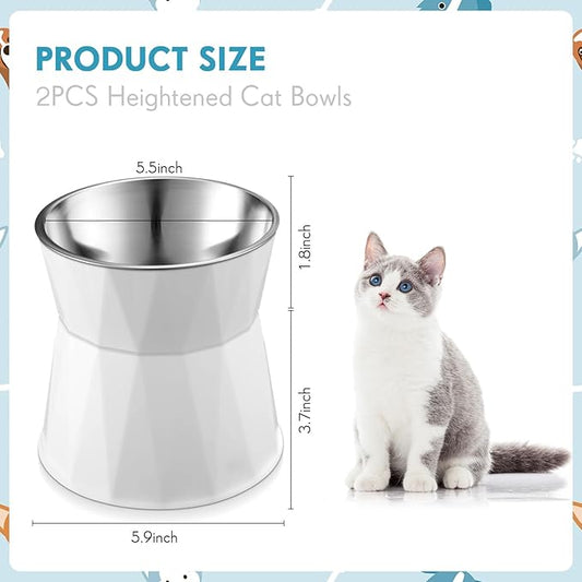 Lallisa 2 Pcs Elevated Cat Bowls Adjustable Raised Cat Feeder Non Slip Food Water with Stand Safe Stainless Steel Bowls with Pet Food Stand for Pets Feeding Eating(White)