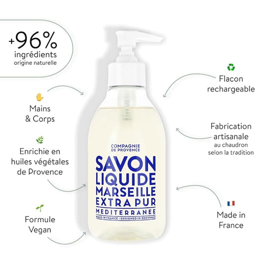 Compagnie de Provence Savon de Marseille Extra Pure Liquid Soap - Mediterranean Sea - 10 Fl Oz Plastic Pump Bottle