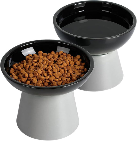 LoeJan Elevated Cat Food and Water Bowls Set, Extra Wide and Raised Ceramic Feeder, Anti-Vomit Whisker-Free Pressure Feeding Bowl for Kittens Adult Small Dogs(Black, 2 Pack)