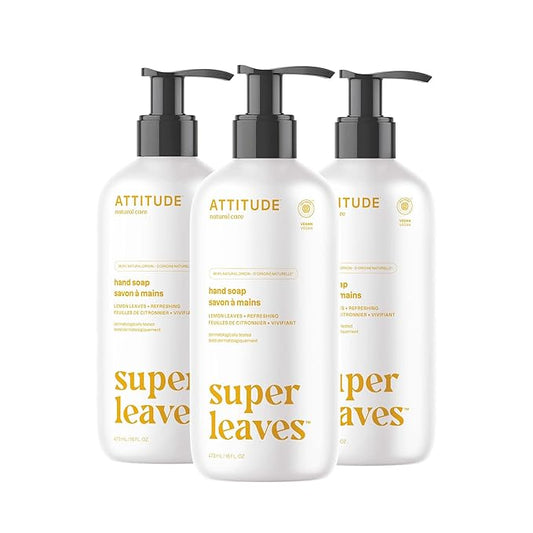 ATTITUDE Liquid Hand Soap, EWG Verified, Plant and Mineral-Based, Vegan Personal Care Products, Lemon Leaves, 16 Fl Oz (Pack of 3)