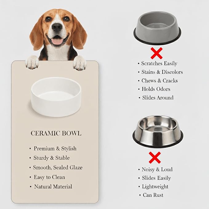 Ceramic Dog and Cat Bowl Modern Cute Weighted Food and Water Bowl Matte Glaze Pet Bowl for Replacement (White, 28.7 OZ)