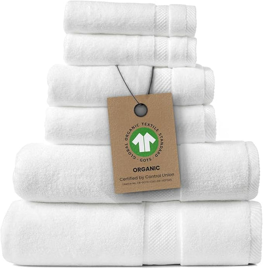 100% Organic Zero-Twist Cotton Towels - GOTS Certified Luxury Bath Towels - Ultra Soft & Plush 700GSM Long-Staple Cotton - 6 Piece Towel Set (White)