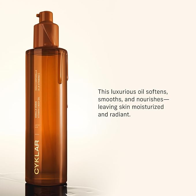 CYKLAR Vitamin C Body Oil for Women and Men. Moisturizing Vanilla Verve Scented Body Serum for Glowing Skin. Nourishing, Hydrating After-Shower and Bath Skin Care Moisturizer, 4.2 Fl Oz