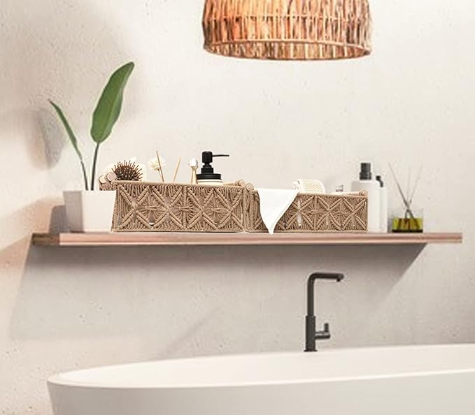 Macrame Storage Basket Boho Decor Baskets for Organizing Woven Decorative Basket for Countertop Toilet Paper Basket for Toilet Tank Top Shelf Basket with Handle for Bathroom Decor Nursery (Set of 2)