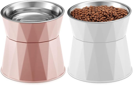 Lallisa 2 Pcs Elevated Cat Bowls Adjustable Raised Cat Feeder Non Slip Food Water with Stand Safe Stainless Steel Bowls with Pet Food Stand for Pets Feeding Eating(Pink, White)