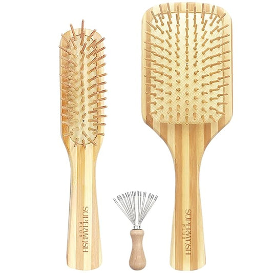Hair Brush Set for Women & Men, Natural Bamboo Bristles Wet Dry Flat Paddle Detangling Bamboo Brushes Fit All Types Hair, Brush Cleaner Tool included - 3 Pack